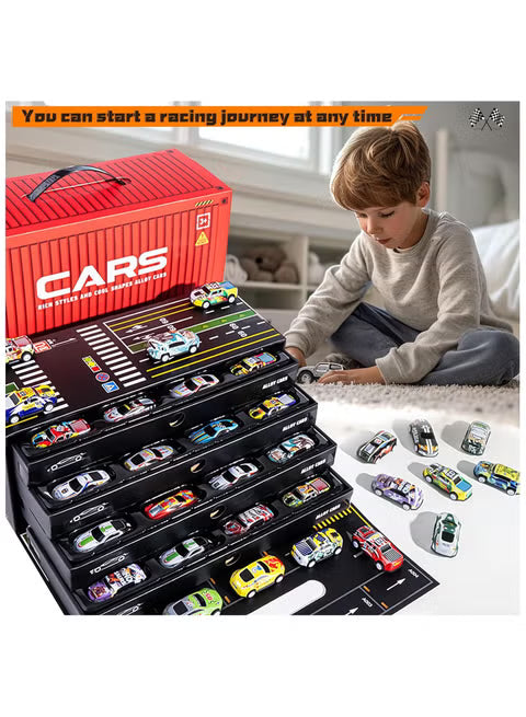 Set 48 Mașinuțe Metalice+ Cutie Container – Garaj 4 Etaje, Modele și Culori Variate