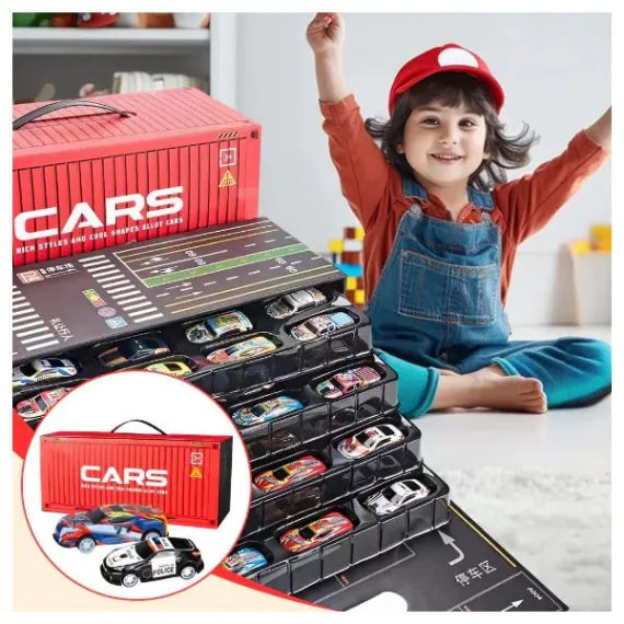 Set 48 Mașinuțe Metalice+ Cutie Container – Garaj 4 Etaje, Modele și Culori Variate